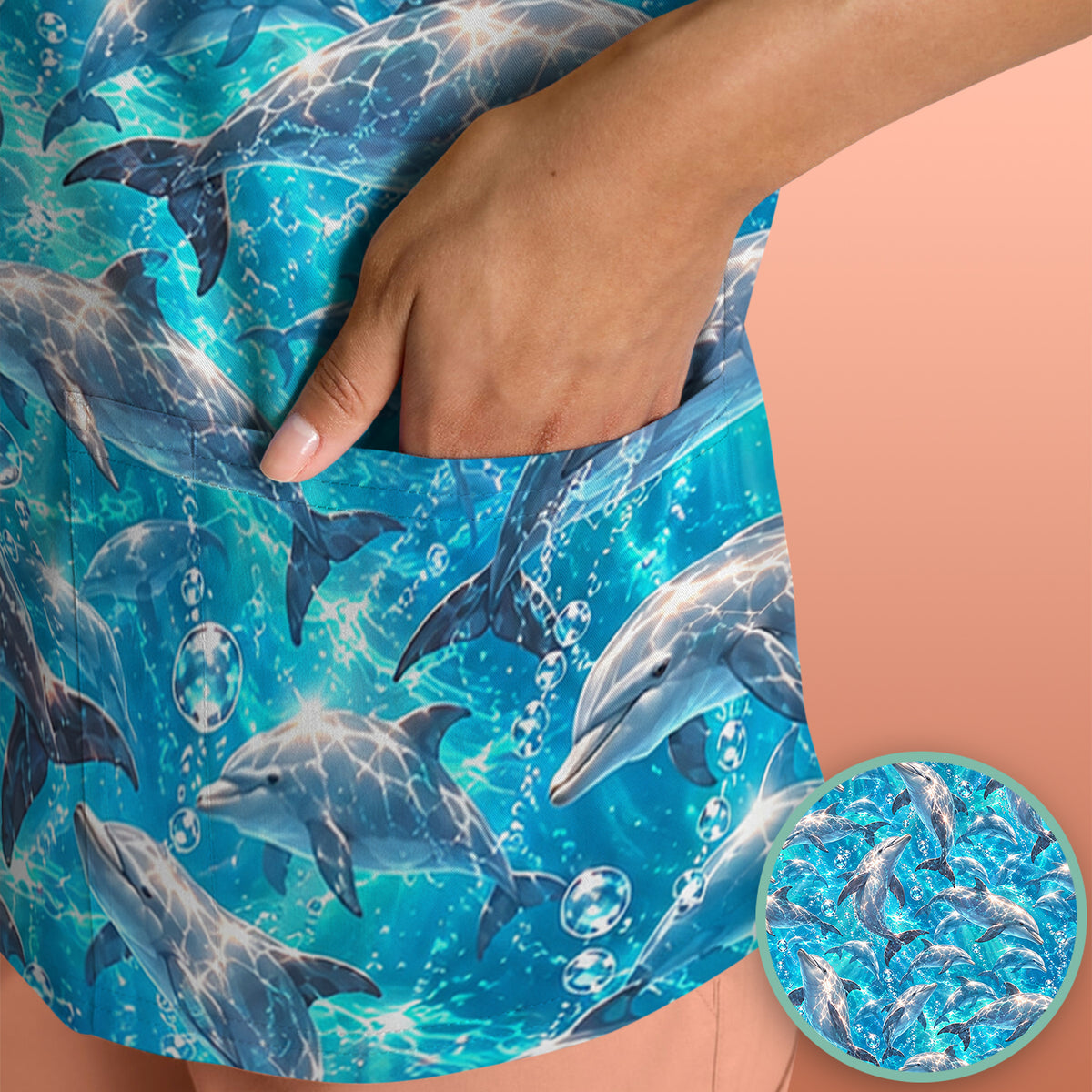 Blue Ocean Dolphin Pattern Scrub Top, Comfortable Scrubs for Nurses