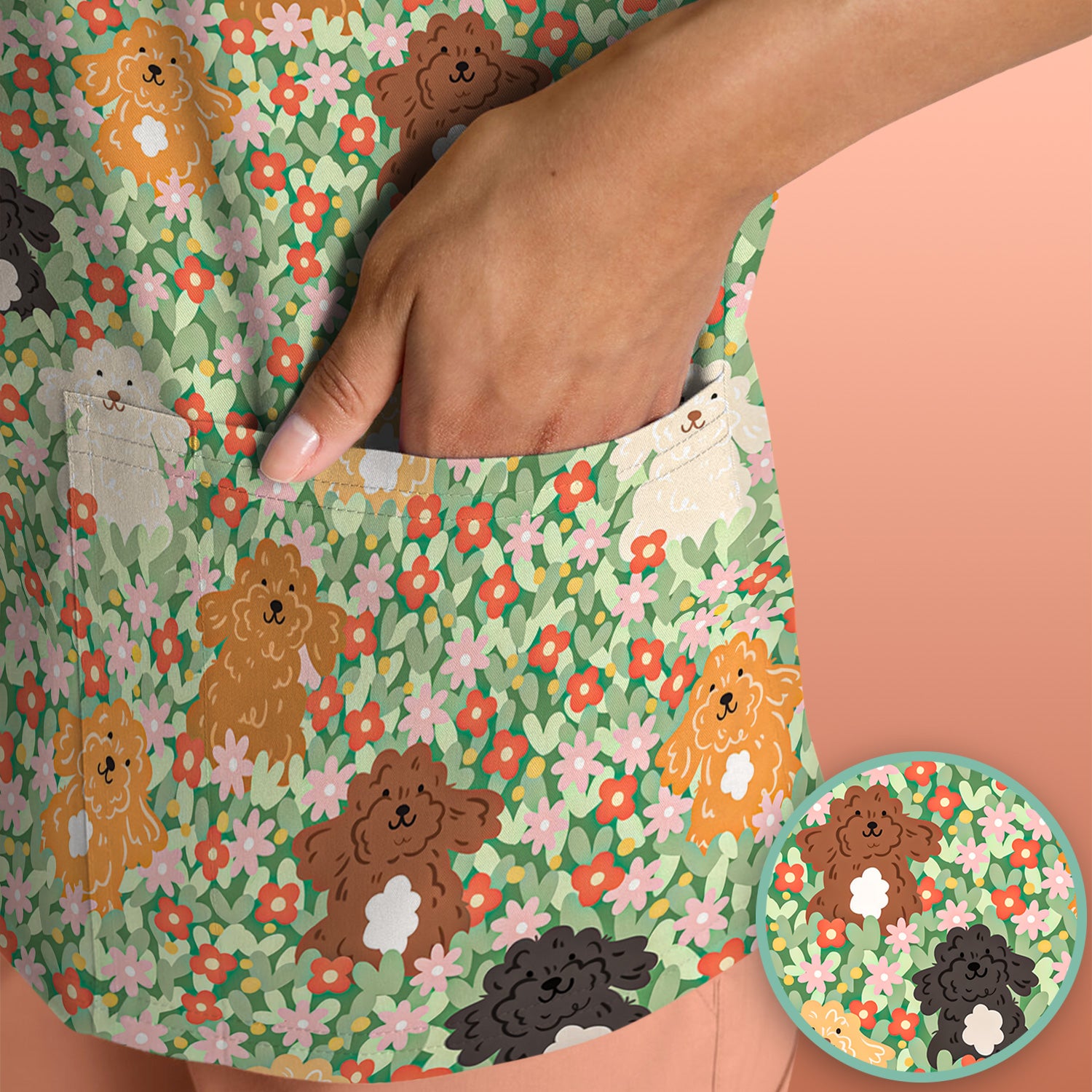 Cute Poodle Dogs Floral Pattern Scrubs Top, Breathable Fabrics Nursing Uniform