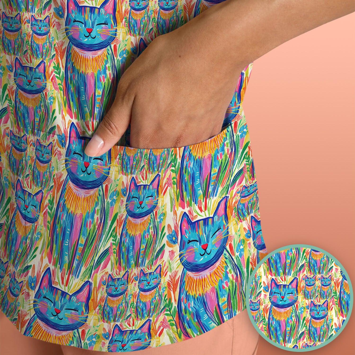 Colorful Rainbow Cat With Floral Brushstroke Scrub Top, Breathable Fabrics Nursing Uniform