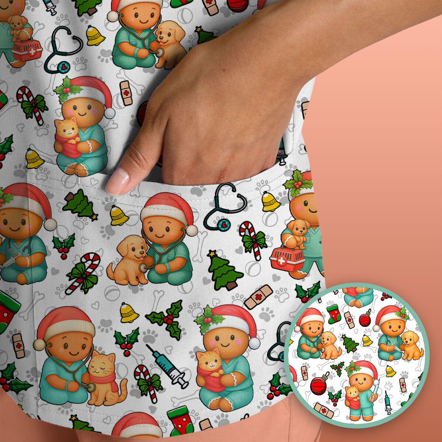 Cute Pharmacy Christmas Scrub Top – Funny Gingerbread Nurse Print Shirt – Festive Holiday Medical Uniform for Pharmacy Tech and Doctor