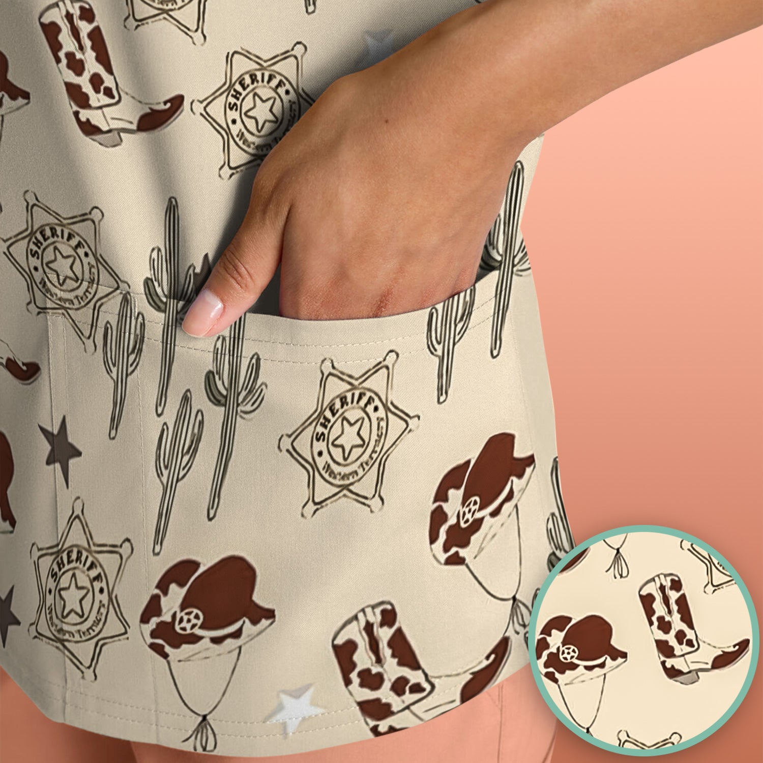 Funny Cowboy Hats & Boots Pattern Scrub Top, Comfortable Scrubs for Nurses