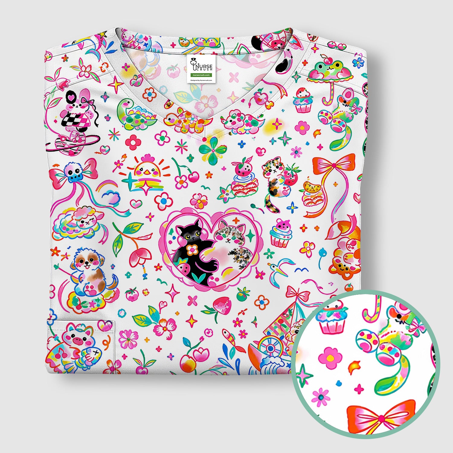 Colorful Kawaii Cat Heart Doodle Pattern Scrub Top, Comfortable Scrubs for Nurses