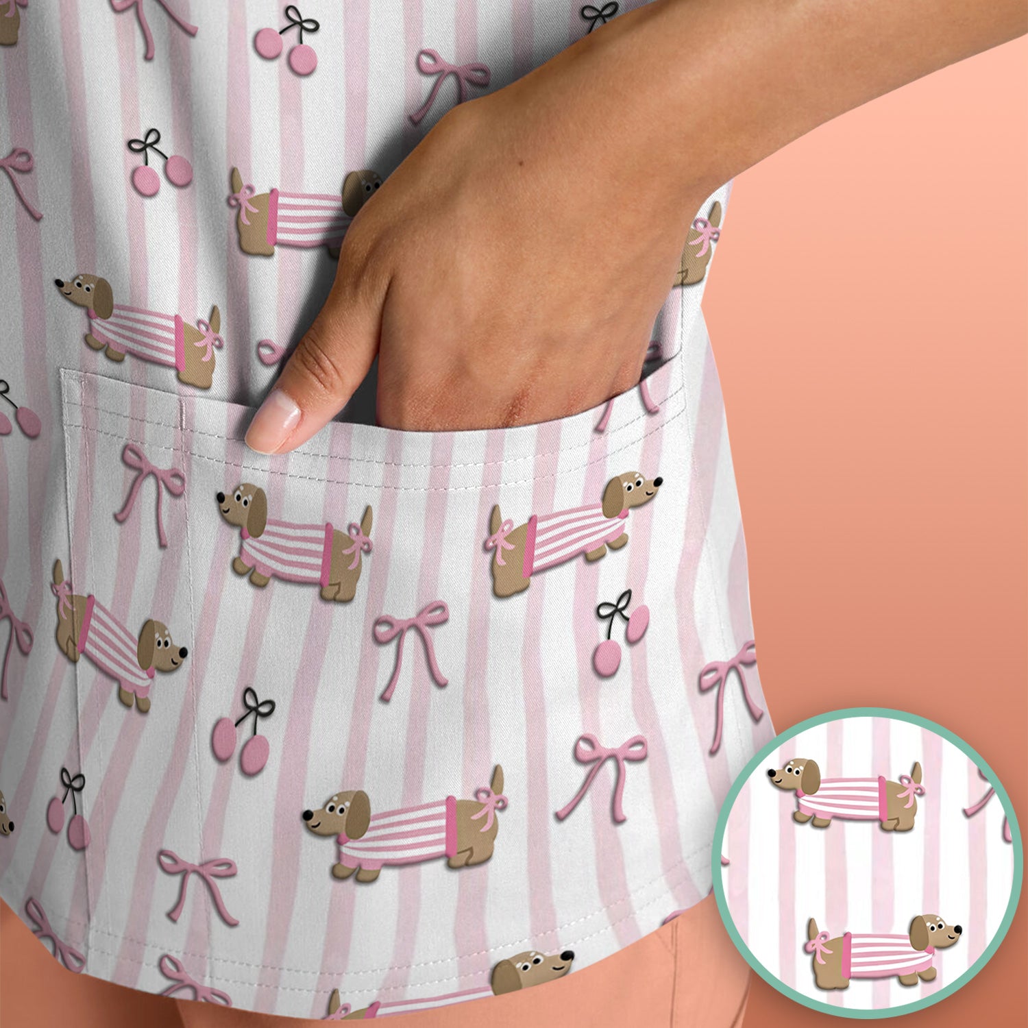Cute Dachshund Pink Stripe Pattern Scrub Top, Breathable Fabrics Nursing Uniform