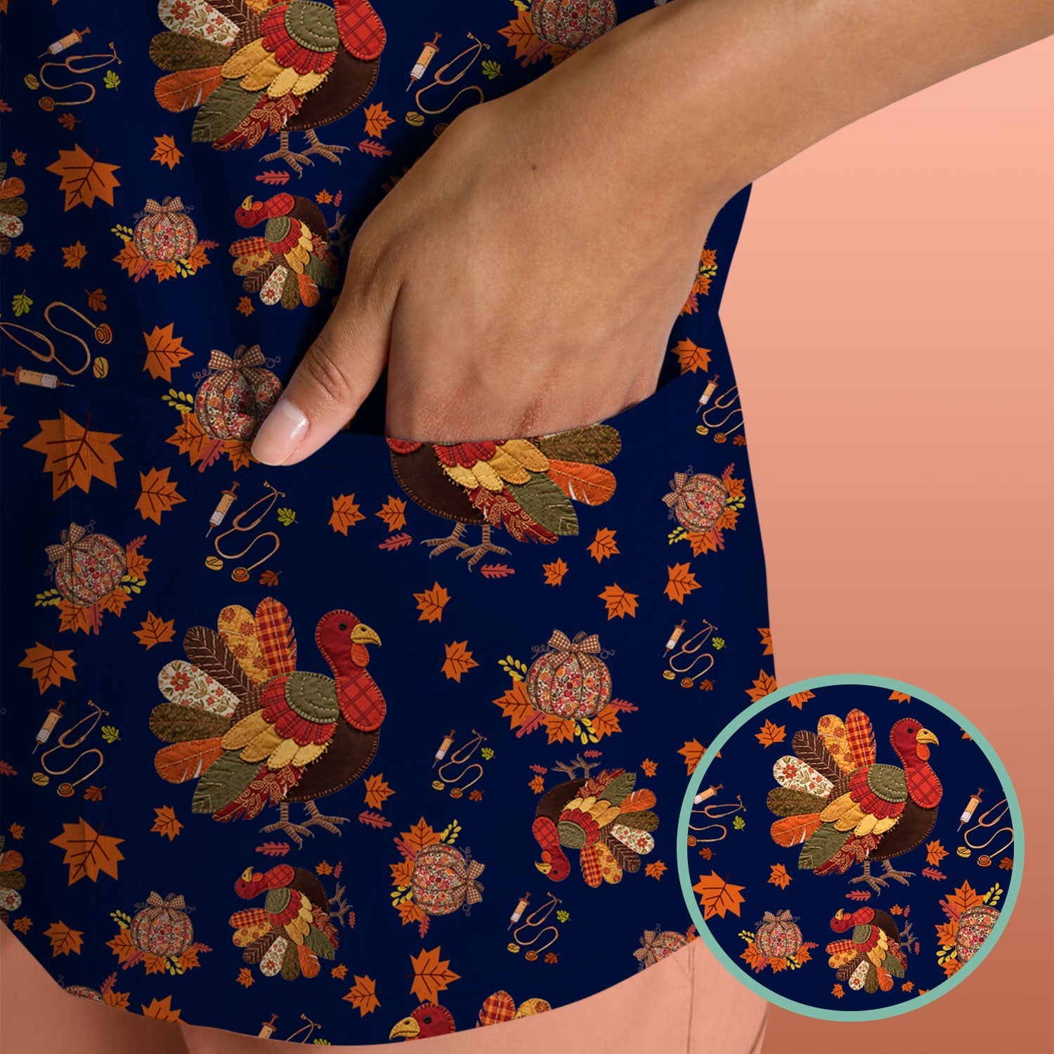 Thanksgiving Turkey Nurse Scrub Top for Women - Fall Leaves Pattern Shirts - Autumn Nursing Uniform Gift for RN LPN CNA