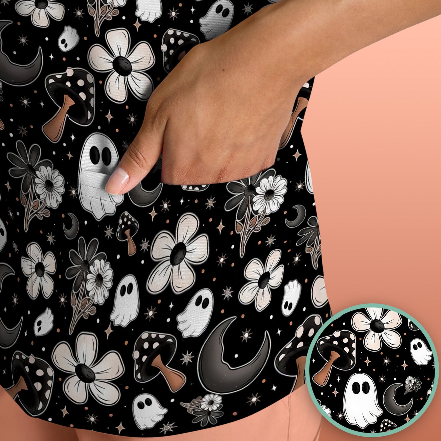 Floral Mushroom Ghost Pattern Scrub Top, Comfortable Scrubs for Nurses