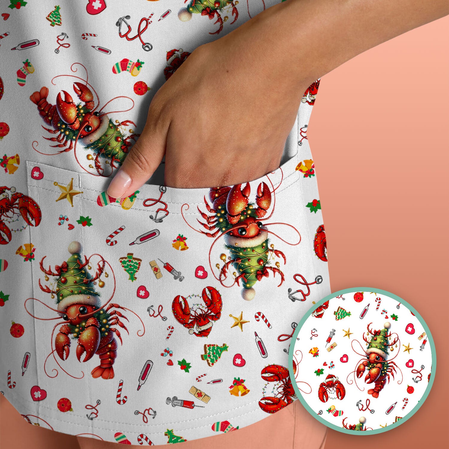 Whimsical Crawfish Christmas Scrub Top – Southern Christmas Cajun Holiday Crawfish Pattern – Cute Medical Uniform for Nurses, Vets And Healthcare Workers
