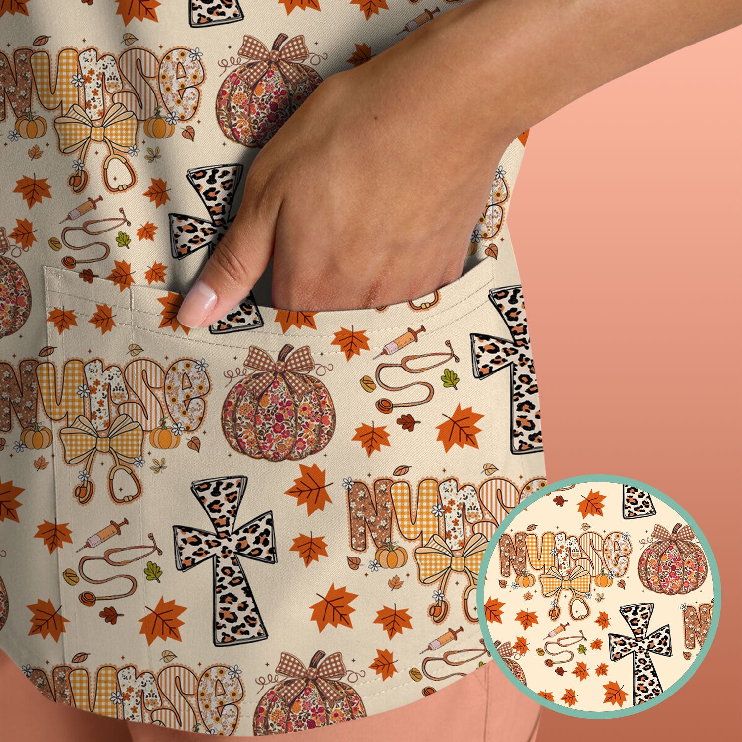 I Will Praise Him In Every Season - Boho Pumpkin Leopard Cross Fall Scrub Top for Nurse - Thanksgiving Med Uniform for Women