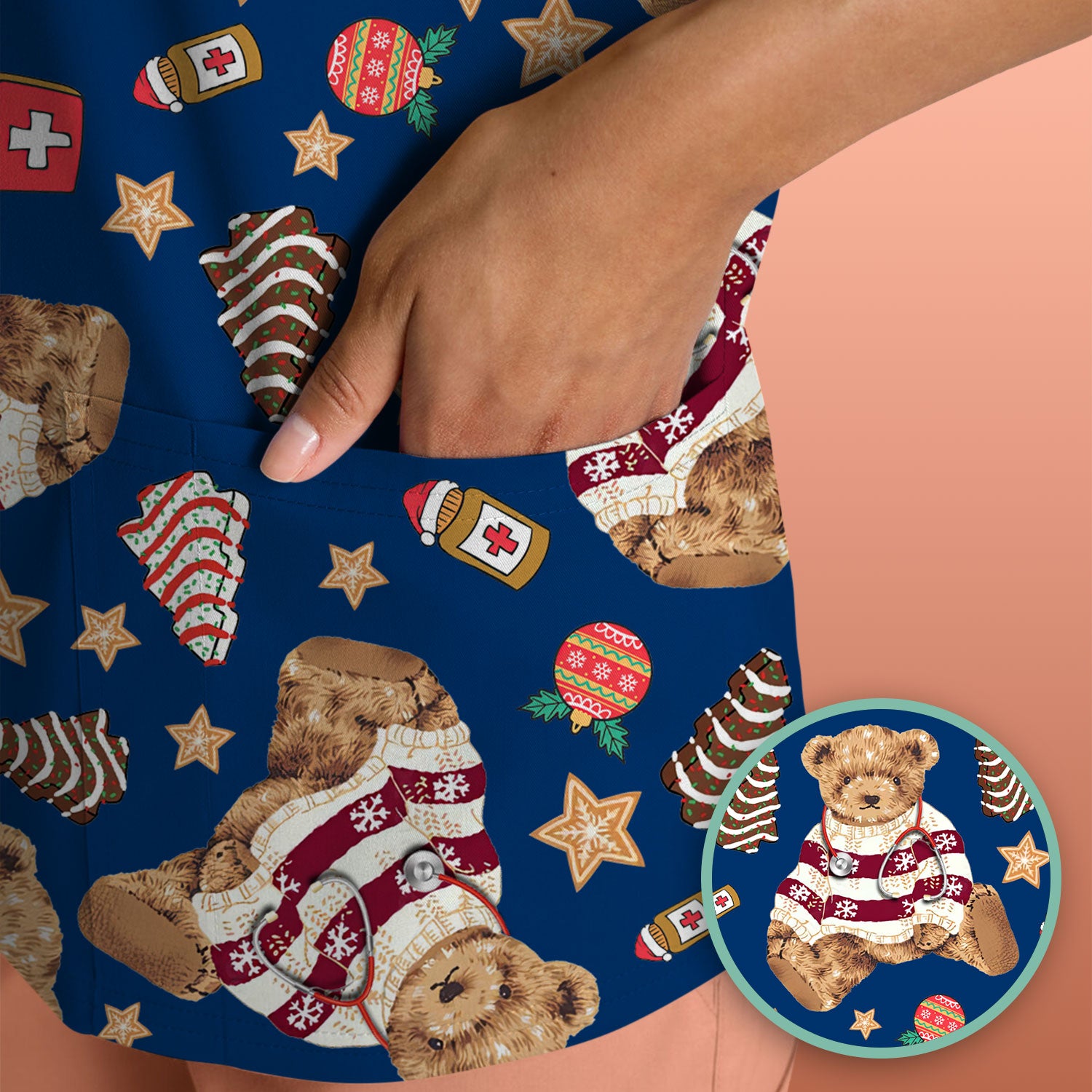 Teddy Bear Christmas Scrub Top - Cute Holiday Medical Pattern with Warm Sweater Bear - Gift for Nurses RN CNA LPN