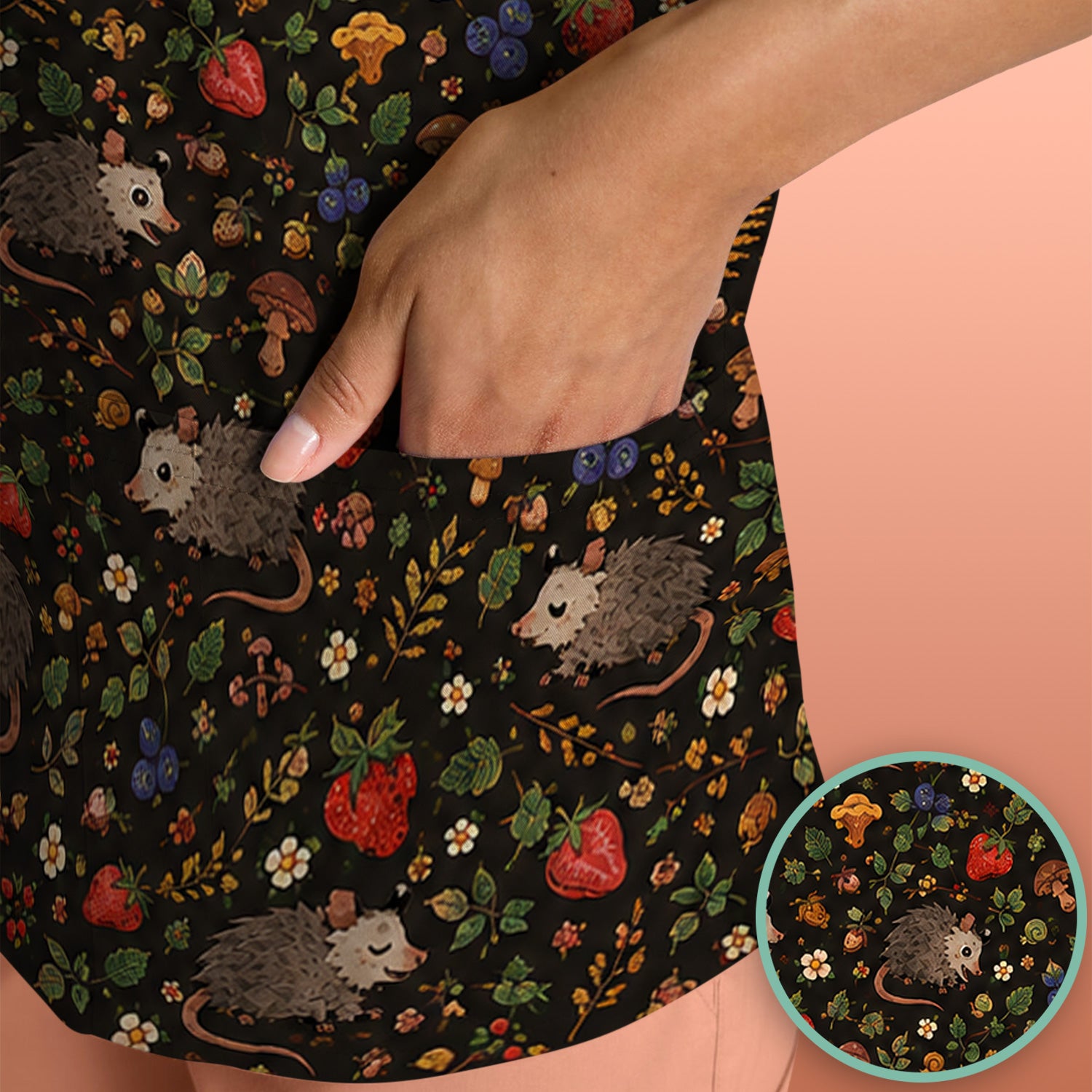 Woodland Opossum Berry Mushroom Pattern Scrub Top, Comfortable Scrubs for Nurses