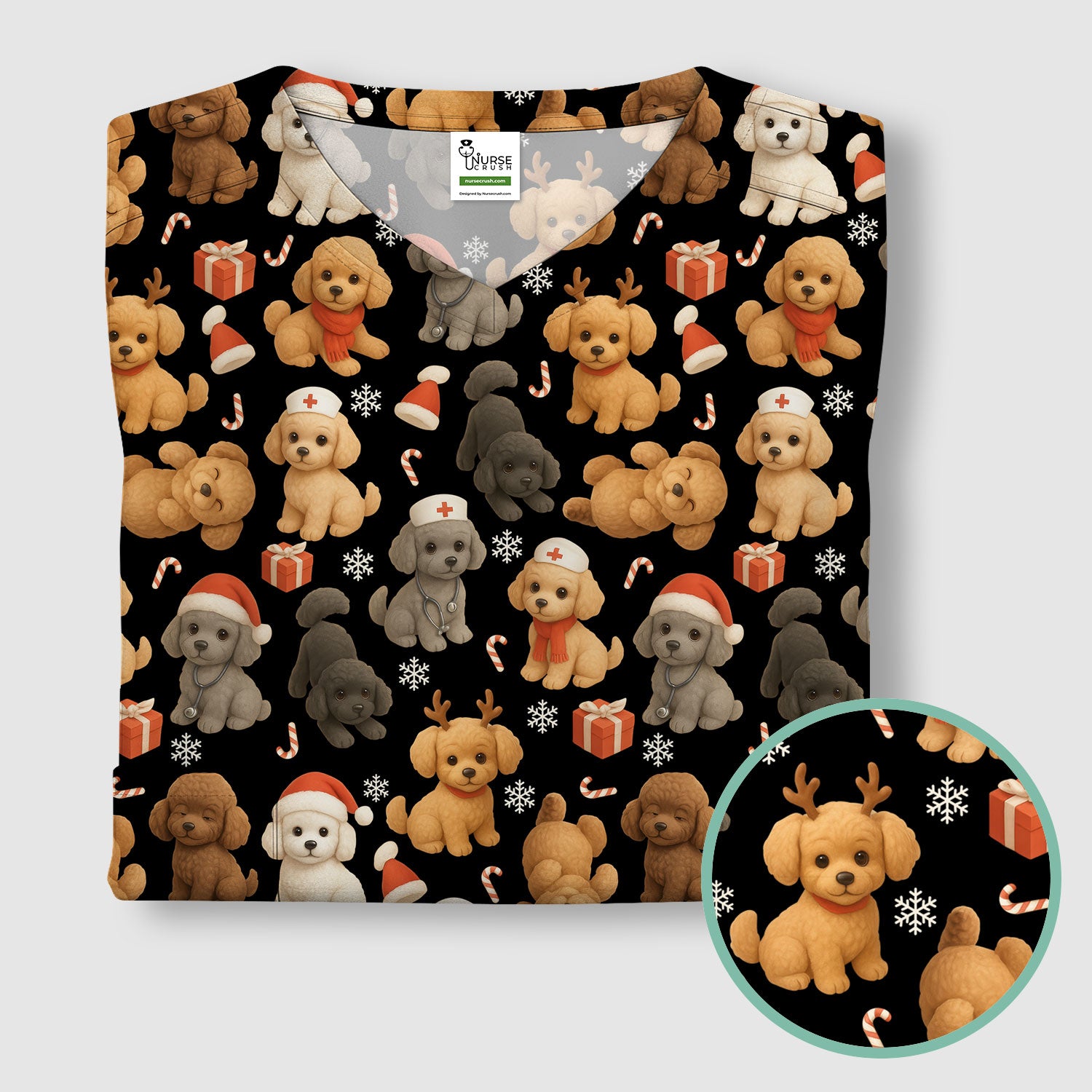 Christmas Poodle Scrubs for Women - Cute Dog Pattern Medical Scrub Top - Festive Holiday Christmas Scrubs with Adorable Poodle Design