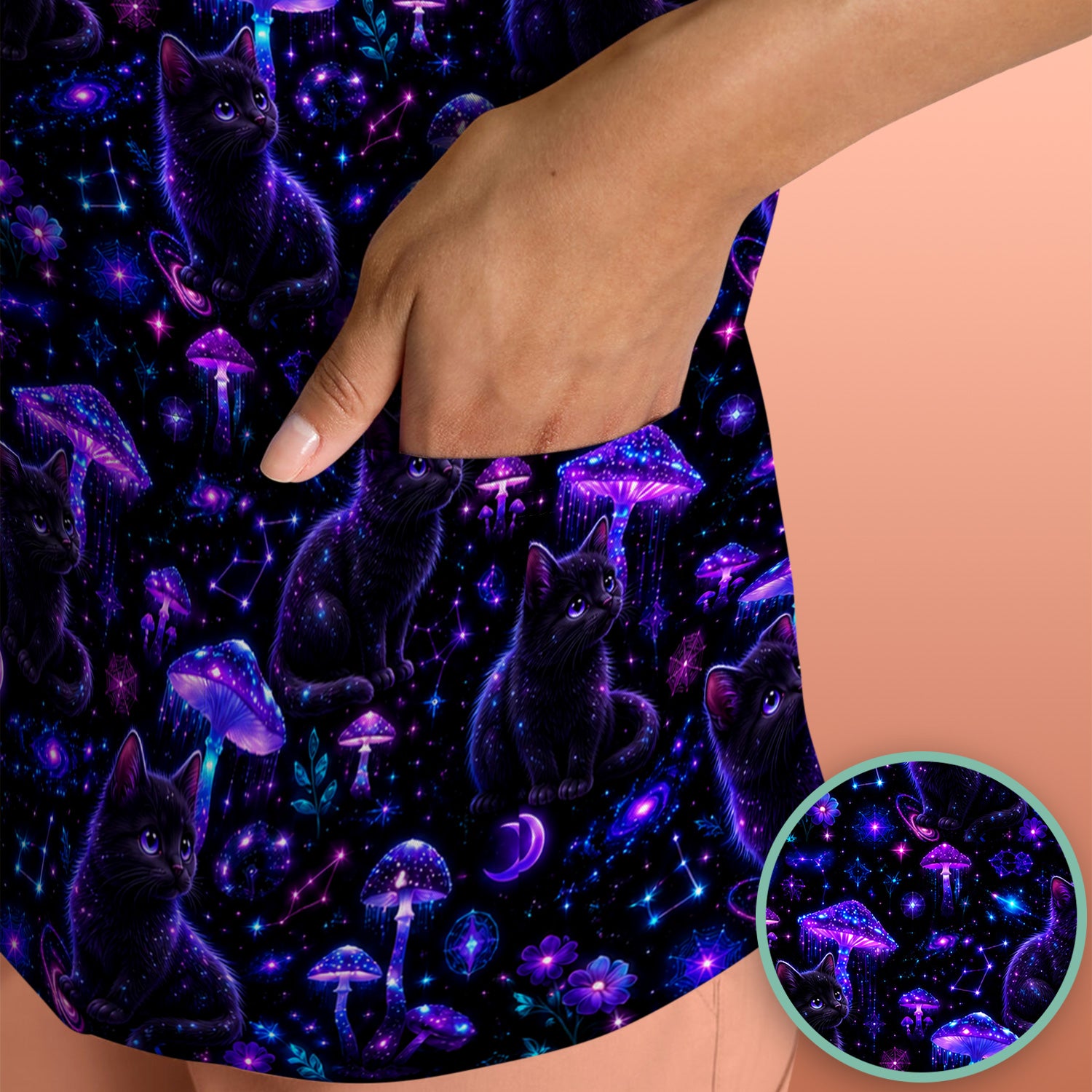 Mystical Black Cat Neon Mushroom Print Scrub Top, Comfortable Scrubs for Nurses