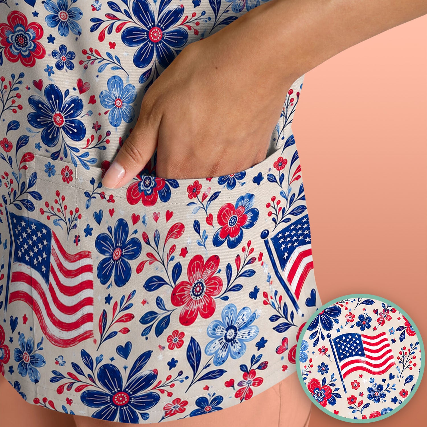Patriotic Flag Floral Nurse Scrub Top for RN, CNA, Fourth Of July Uniform