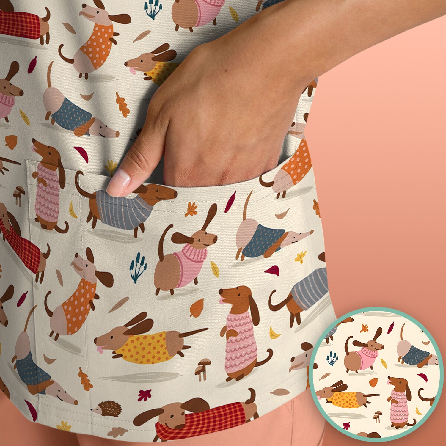 Cute Autumn Dachshund Print Scrub Top, Comfortable Scrubs for Nurses