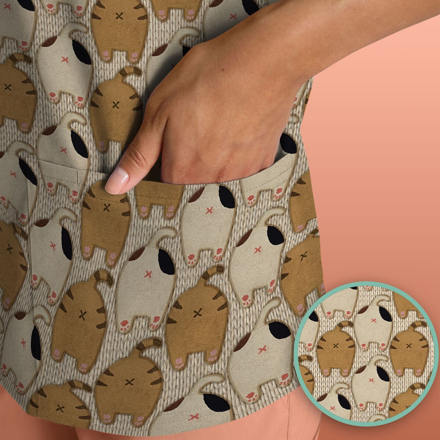 Cute Cat Nurse Scrub Top, Cozy Minimal Animal Pattern Medical Shirt, Breathable Fabrics Nursing Uniform