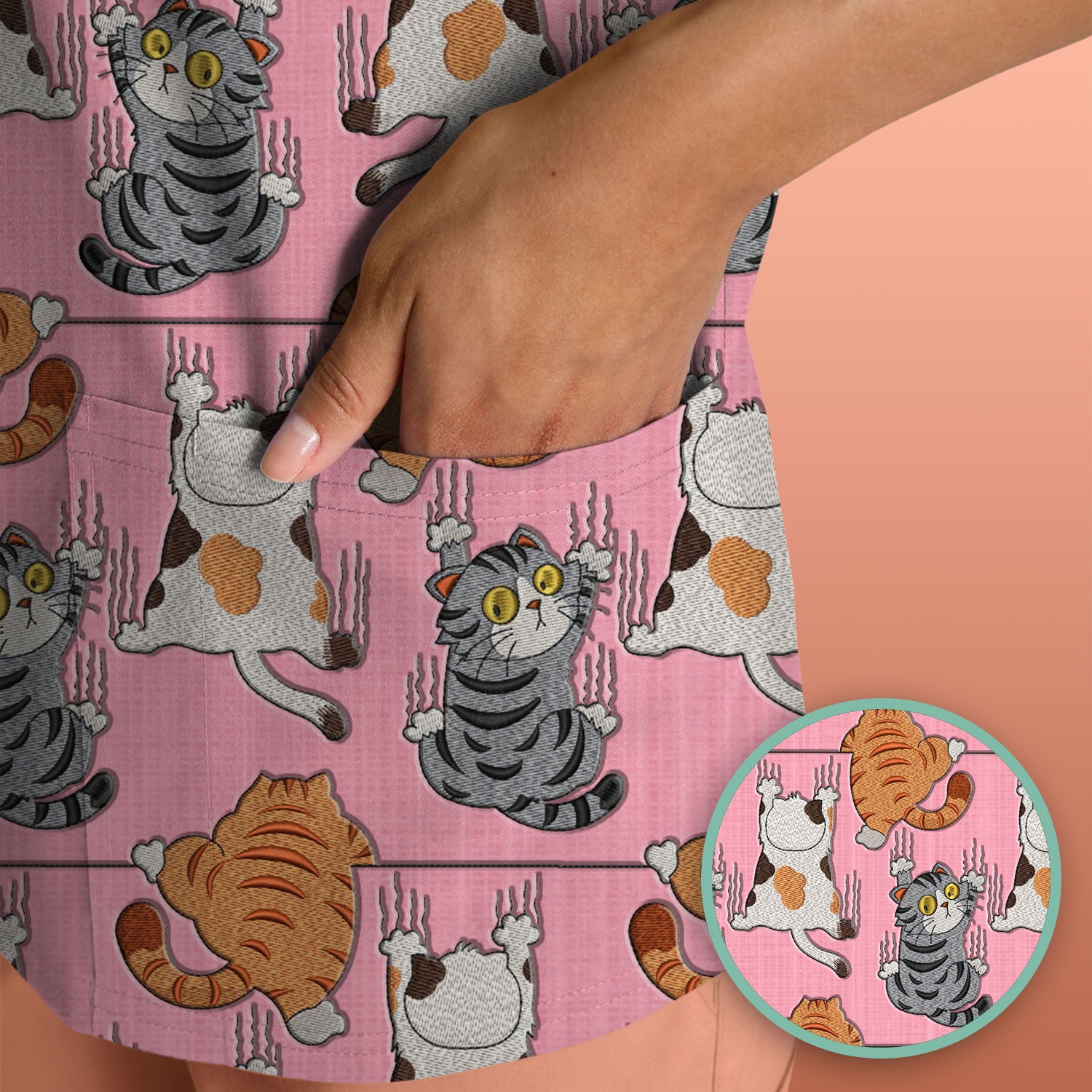 Cute Cat Pattern Nurse Scrub Top, Cats Medical Pattern Shirt, Breathable Fabrics Nursing Uniform