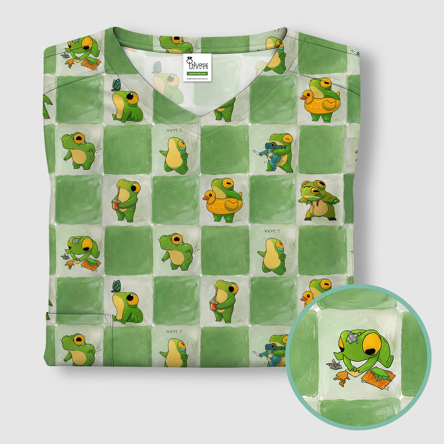 Cute Frog Duck Checkerboard Pattern Scrub Top, Breathable Fabrics Nursing Uniform