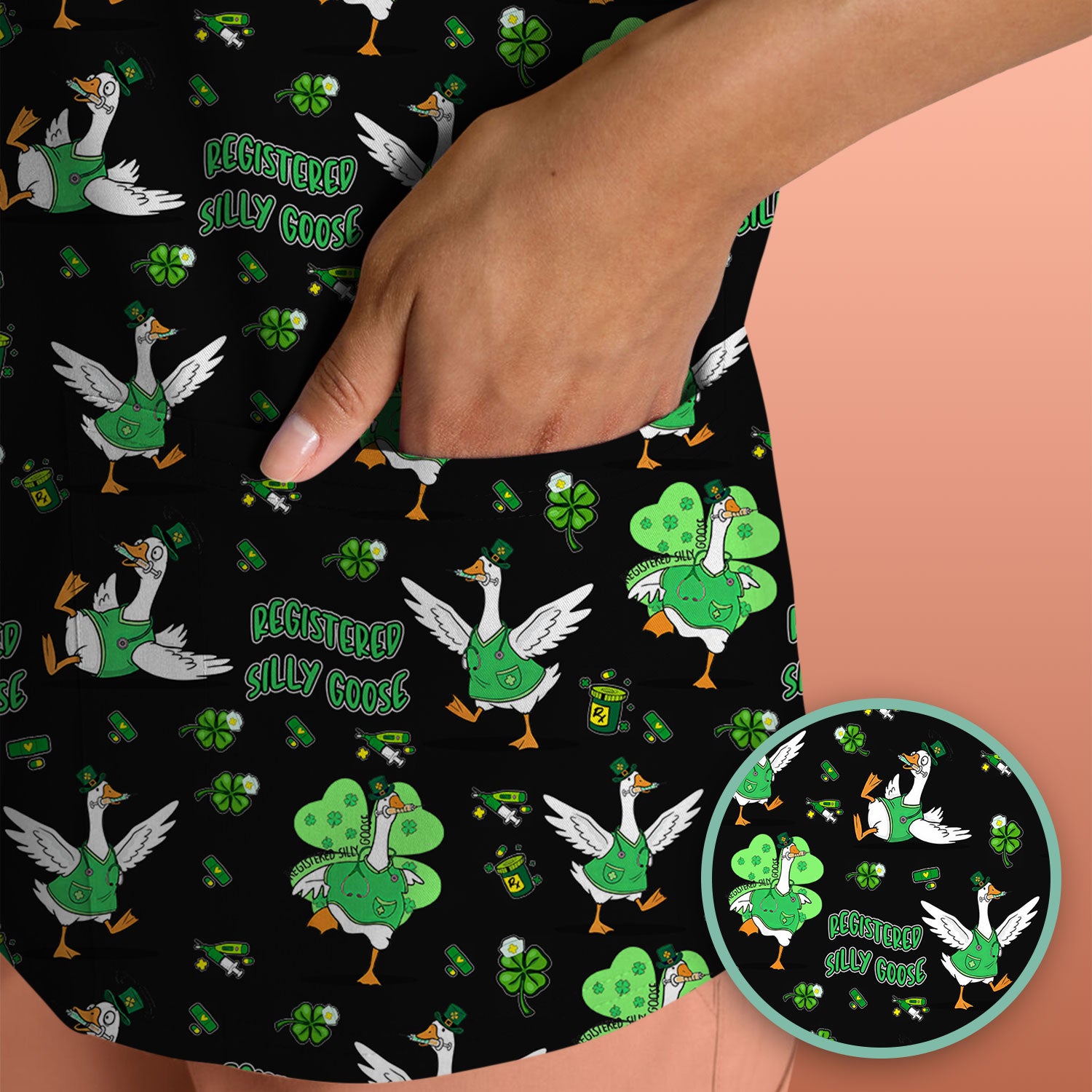 Silly Goose St. Patrick’s Day Scrub Top, Funny Goose Shamrock Pattern Nurse Scrub Shirt, Irish Green Nursing Uniform
