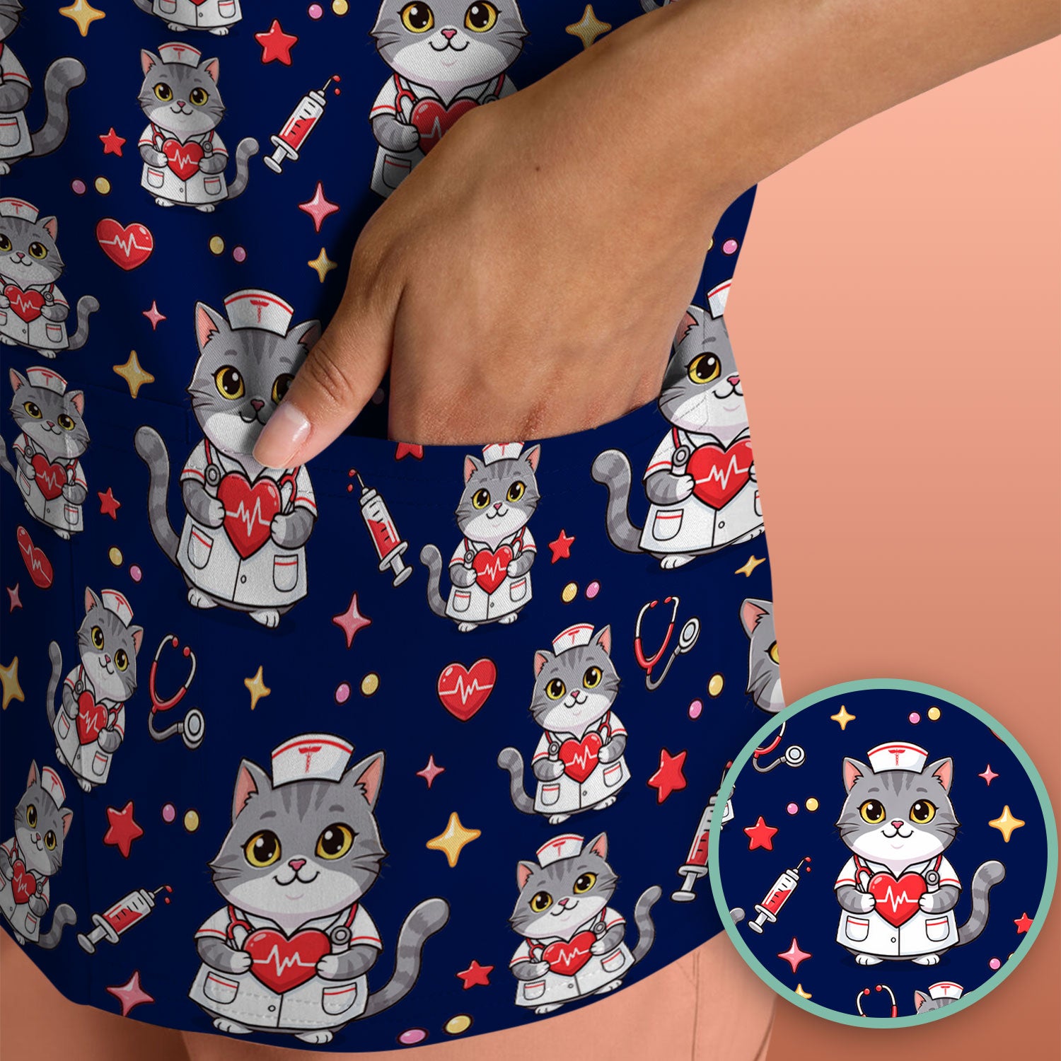 Cute Nurse Cat Heart Medical Print Scrub Top, Comfortable Scrubs for Nurses