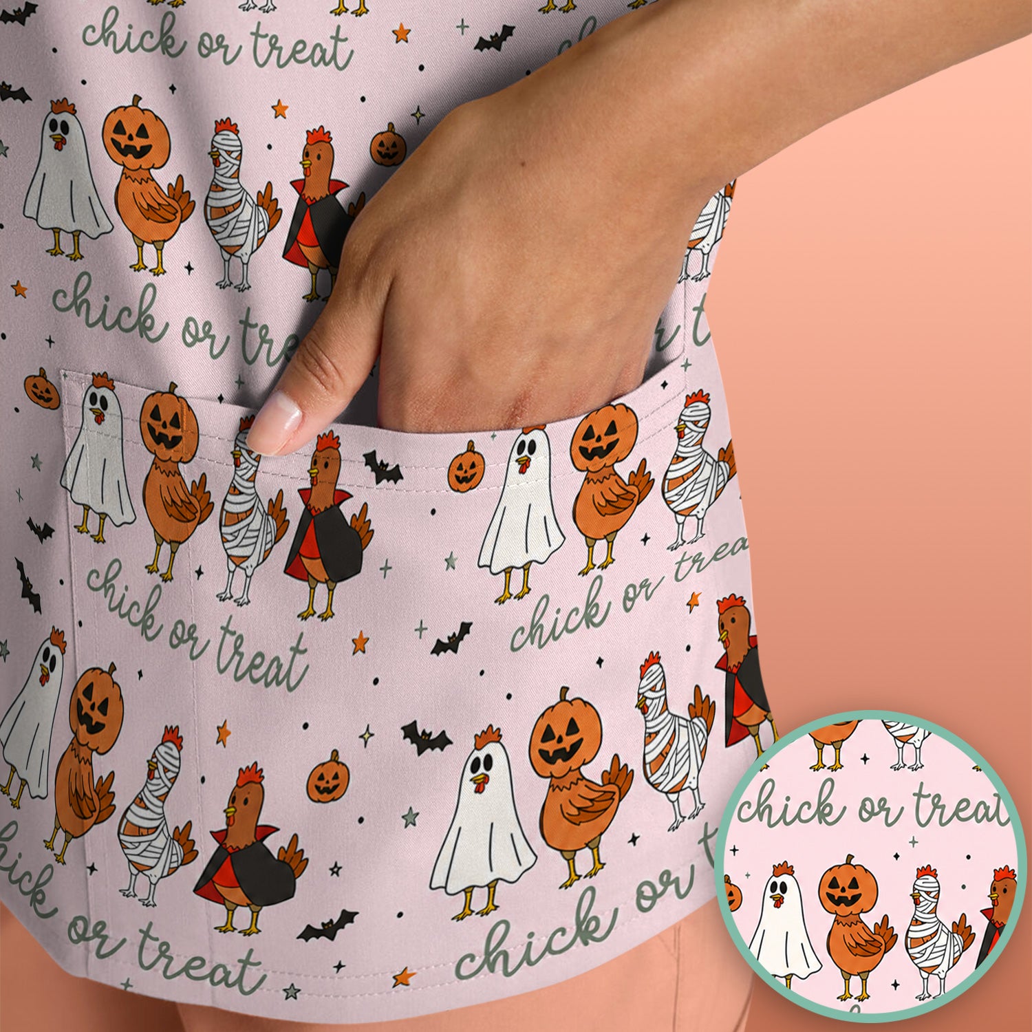 Funny Chick Or Treat Season Scrub Top, Comfortable Scrubs for Nurses
