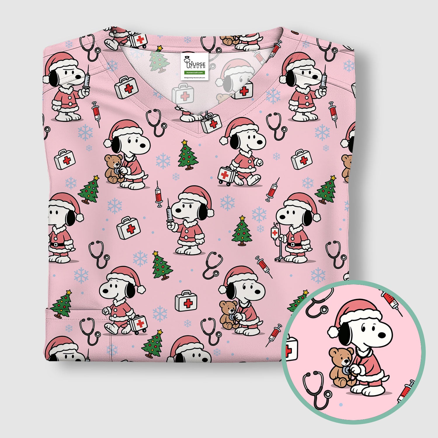 Snoopy Christmas Nurse Scrubs Top - Cute Pink Holiday Nursing Shirt - Funny Xmas Scrub Top for Women Nurses & Medical Workers