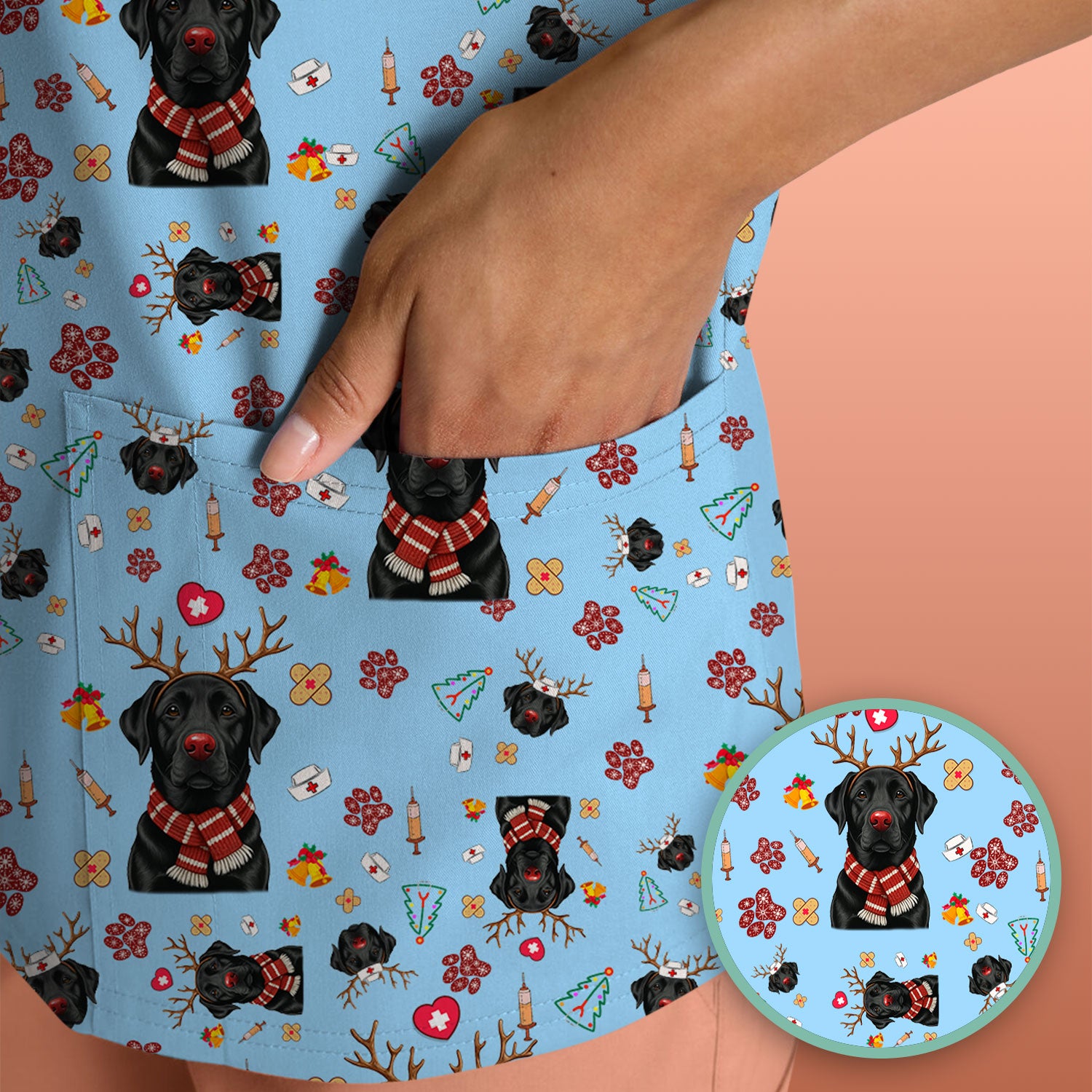 Black Lab Christmas Scrub Top - Funny Labrador Nurse Shirt - Cute Holiday Medical Uniform for Women RN LPN CNA Gift