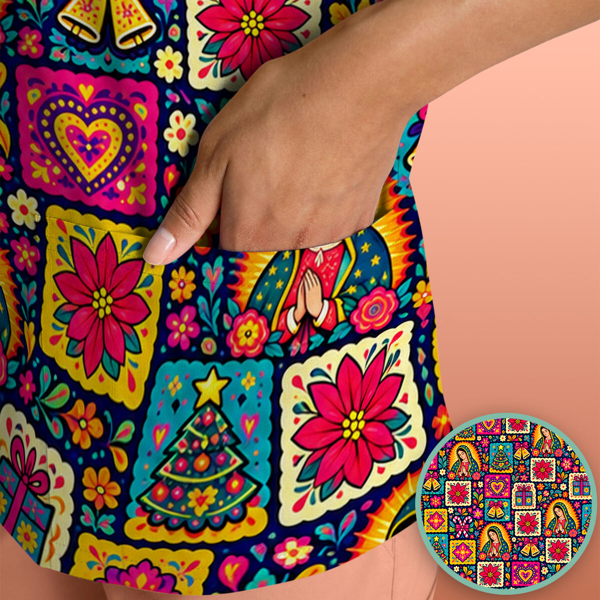 Our Lady of Guadalupe Christmas Folk Art Pattern Scrub Top, Comfortable Scrubs for Nurses