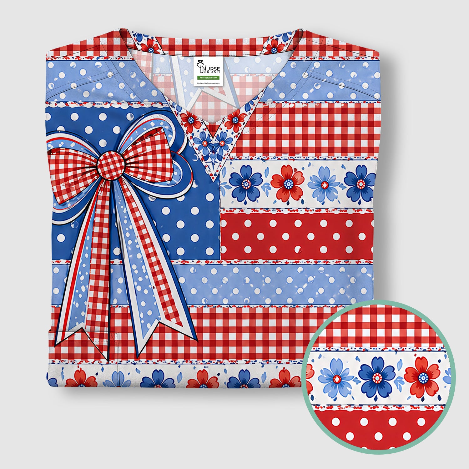 Patriotic Gingham Bow Floral Pattern Scrub Top, Comfortable Scrubs for Nurses