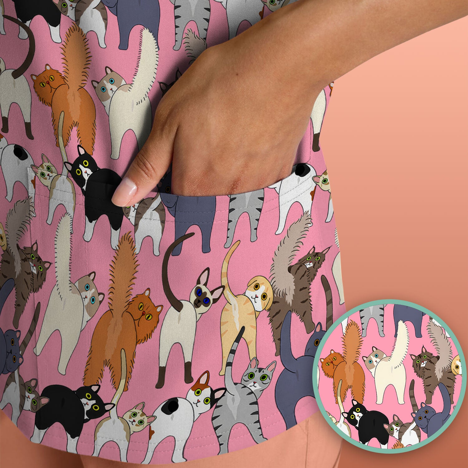 Whimsical Multicolor Cat Cartoon Pattern Scrub Top, Comfortable Scrubs for Nurses