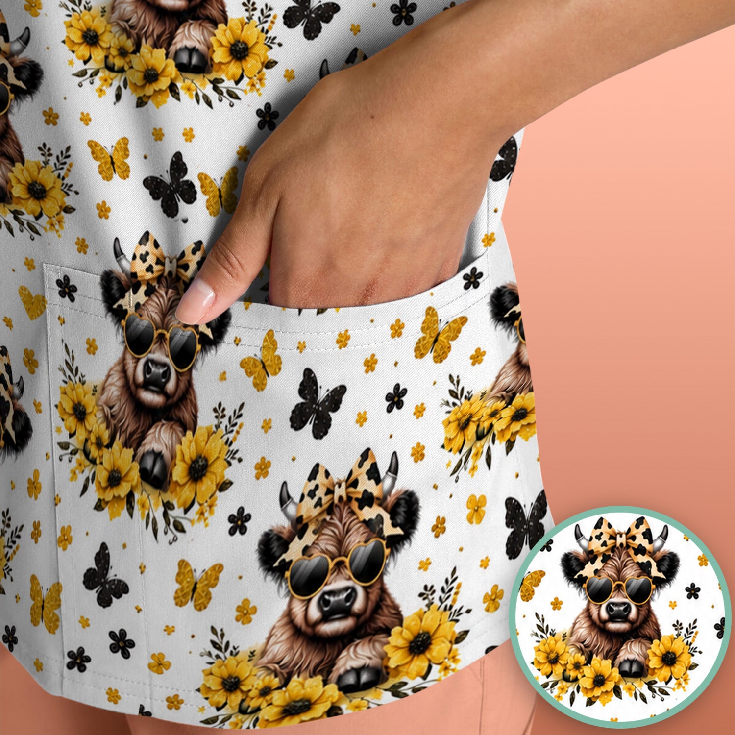 Sassy Highland Cow Sunflower Pattern Scrub Top, Comfortable Scrubs for Nurses
