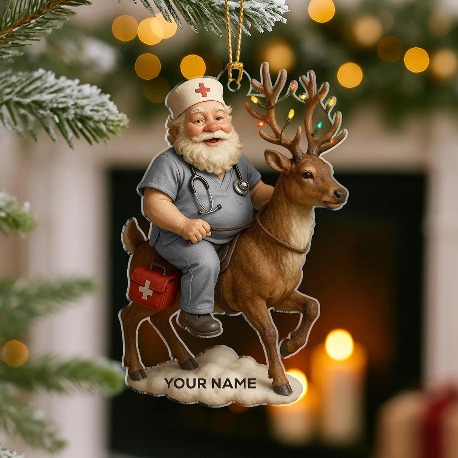 Personalized Nurse Santa Ornament, Custom Name Christmas Ornament with Reindeer, Funny Medical Ornament Gift for RN, LPN, CNA
