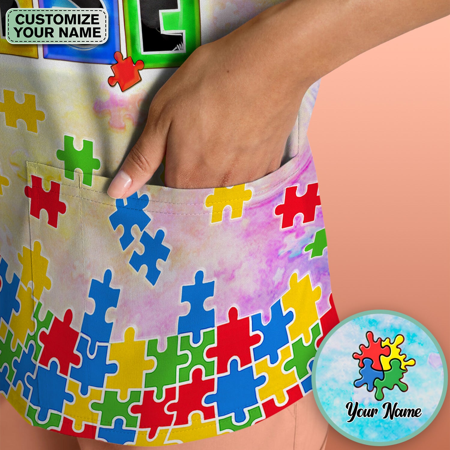 Personalized Inspirational Autism Awareness Nurse Puzzle Ribbon Pattern Scrub Top, Comfortable Scrubs For Nurses