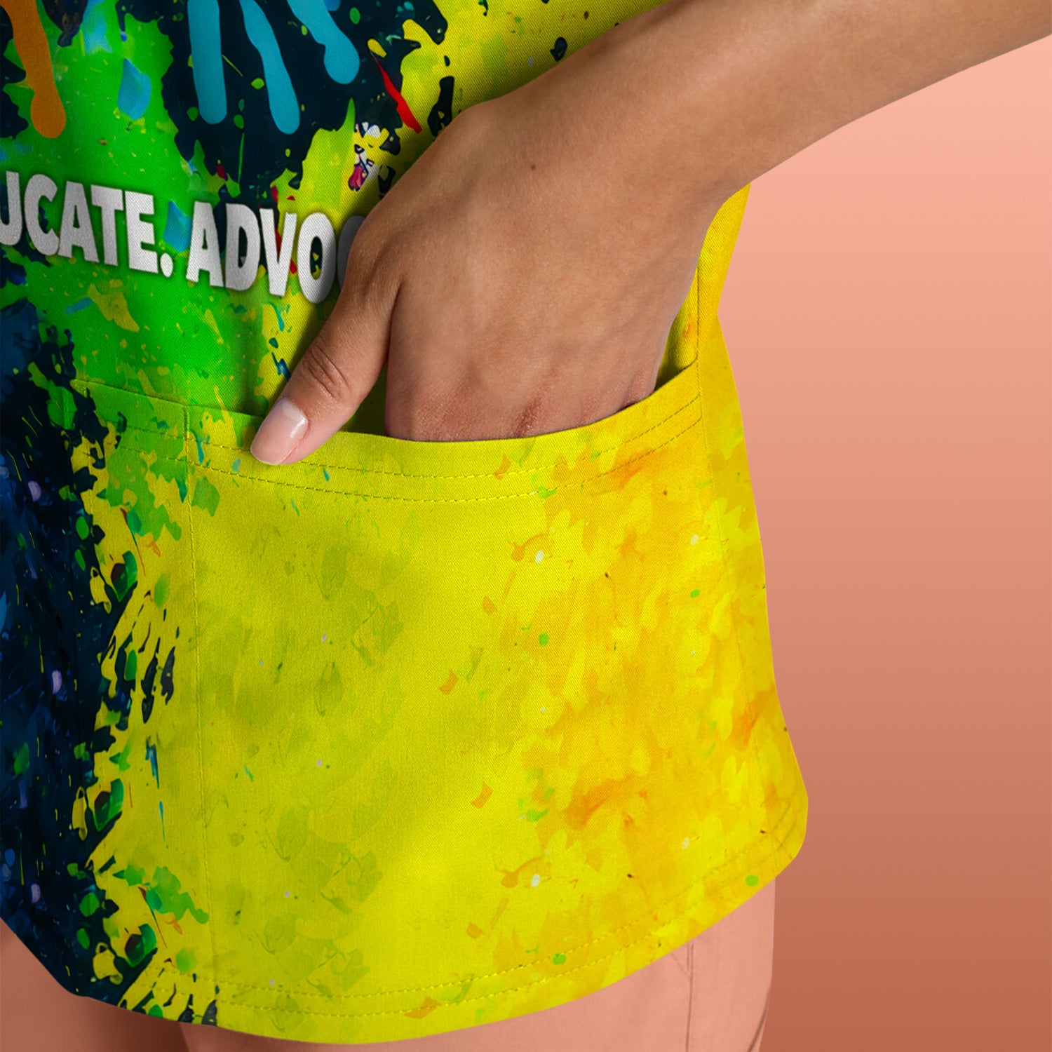 Autism Strong Colorful Handprint Scrub Top, Breathable Fabrics Nursing Uniform
