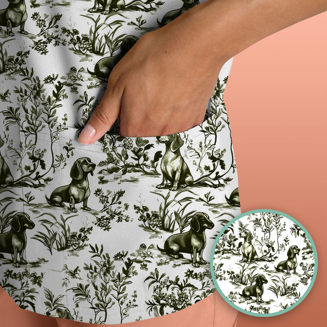 Toile de Jouy Dog Scrub Top – Elegant Blue Dachshund Pattern – Cute Medical Uniform for Nurses, Vets, and Animal Care Workers