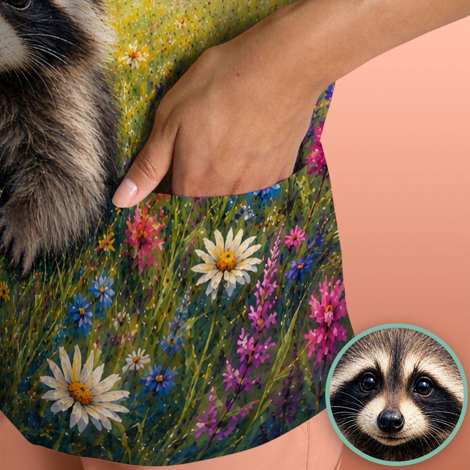 Floral Raccoon Meadow Veterinary Nurse Pattern Scrub Top, Comfortable Scrubs for Nurses