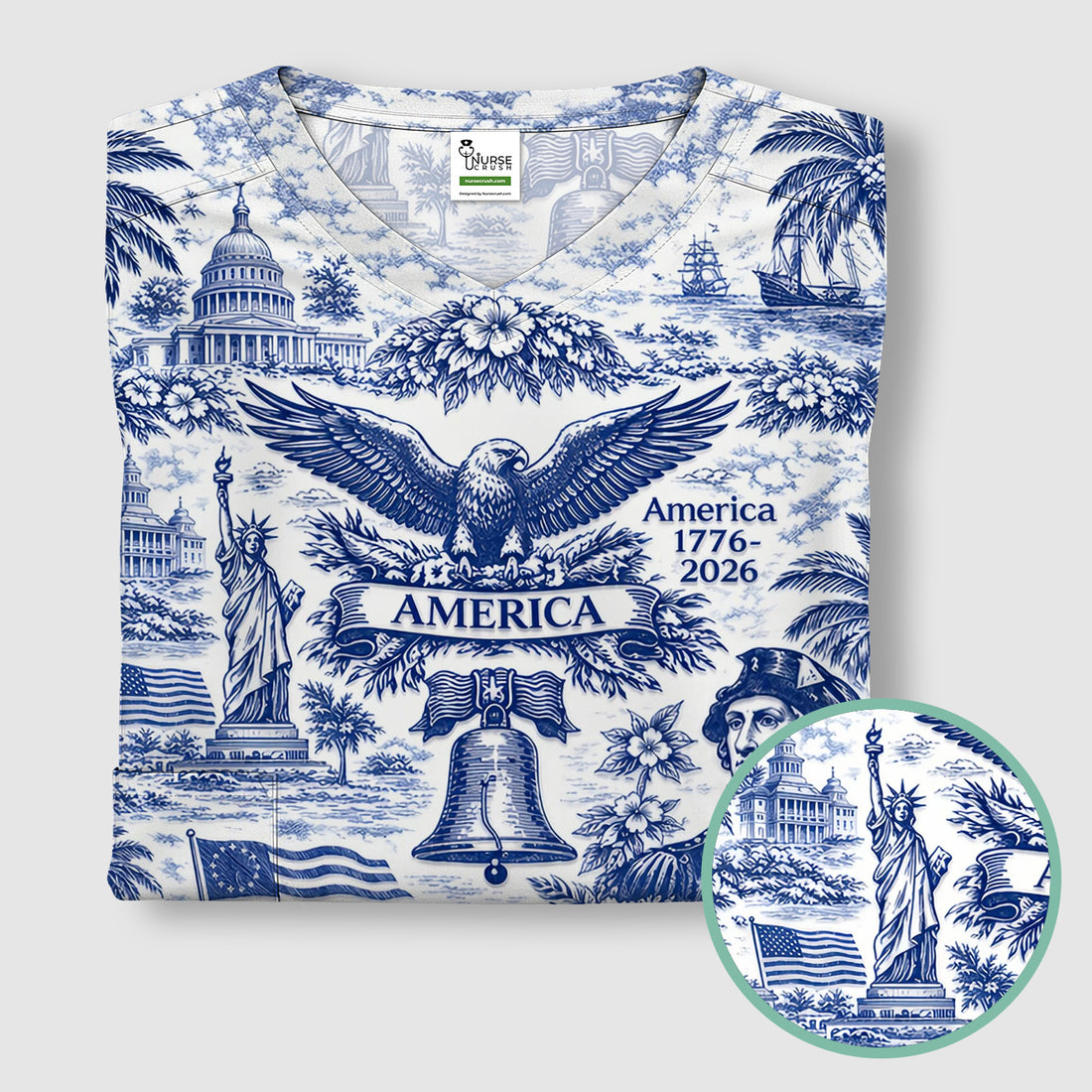 Patriotic America Heritage Toile Pattern Scrub Top, Breathable Fabrics Nursing Uniform