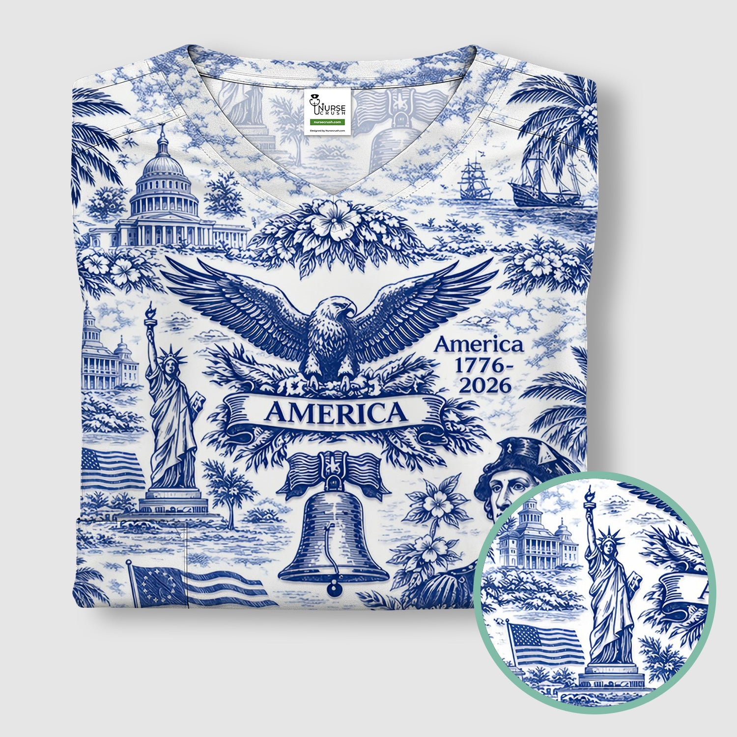 Patriotic America Heritage Toile Pattern Scrub Top, Breathable Fabrics Nursing Uniform