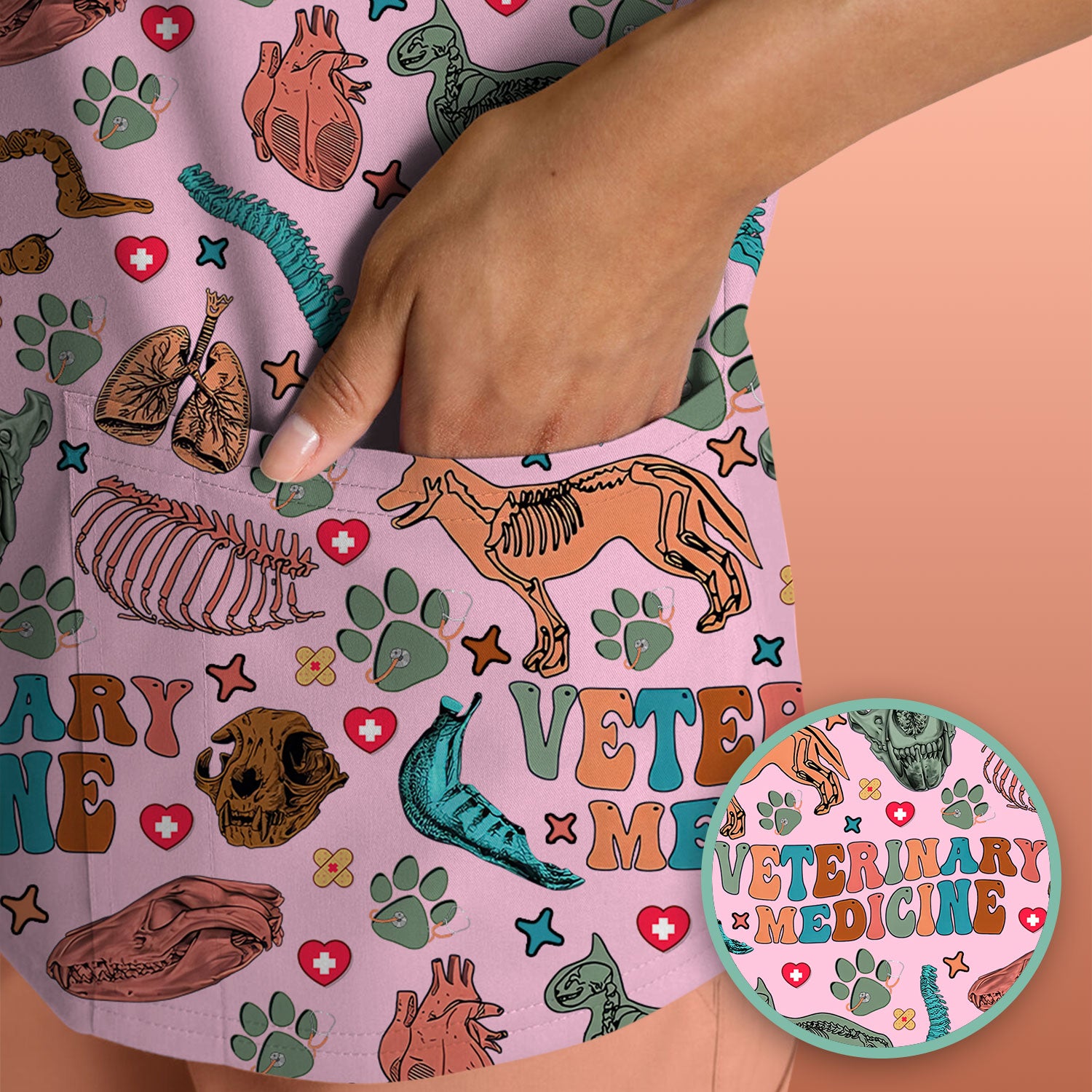 Veterinary Medicine Scrub Top - Cute Animal Anatomy Pattern Medical Shirt - Fun Vet Tech Nurse Scrubs for Women