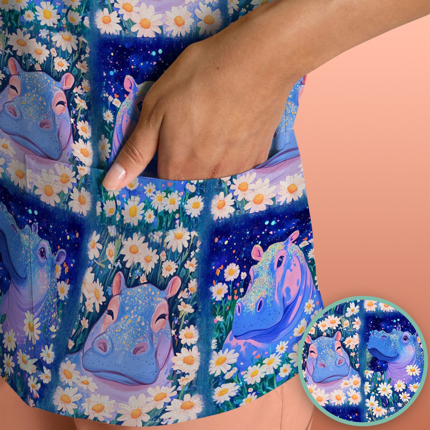 Cute Hippo Daisy Floral Patchwork Scrub Top, Breathable Fabrics Nursing Uniform