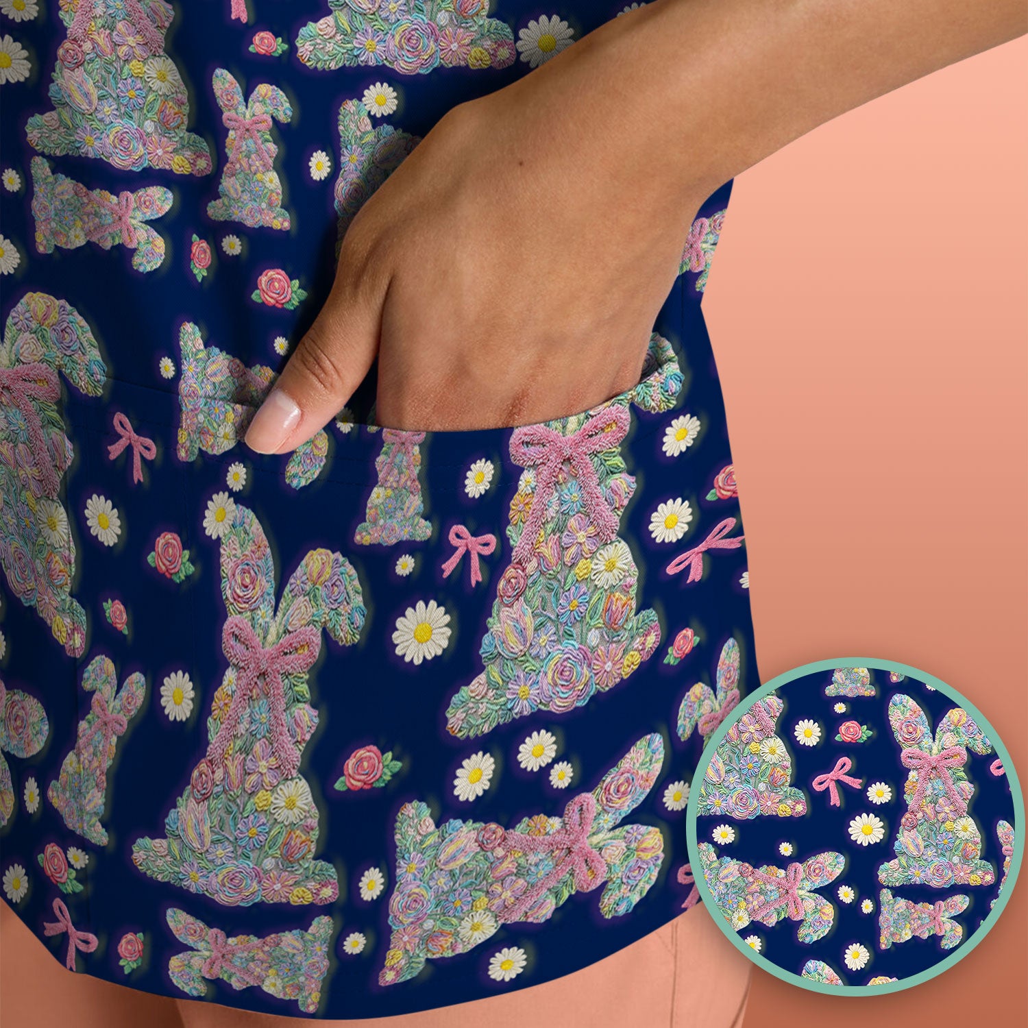 Colorful Floral Bunny with Pink Bow Pattern Scrub Top, Breathable Fabrics Nursing Uniform, Easter