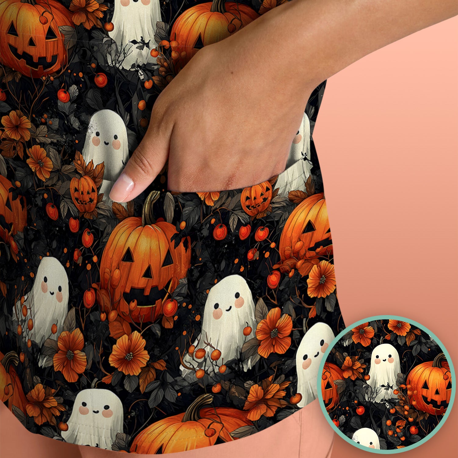 Spooky Halloween Ghost And Pumpkin Pattern Scrub Top, Comfortable Scrubs for Nurses