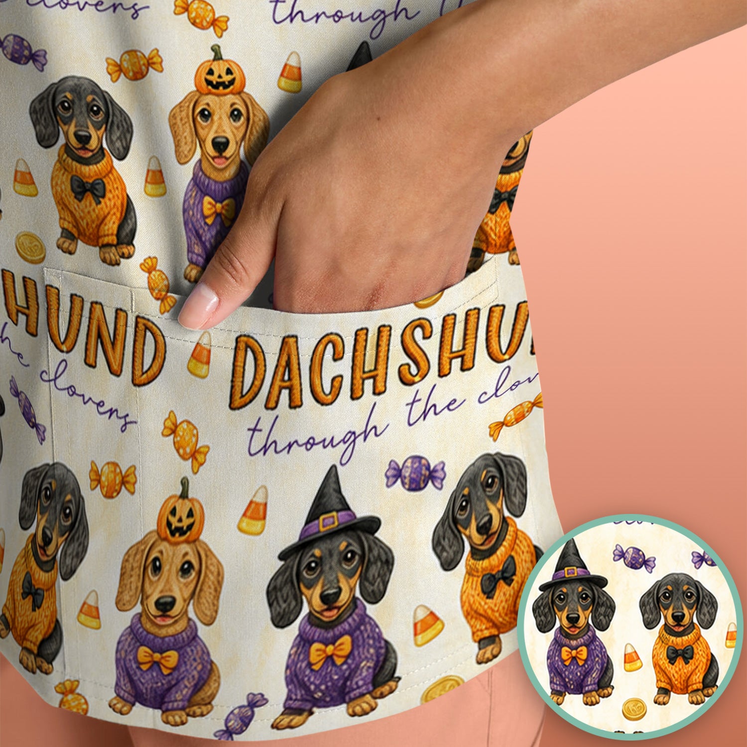 Candy Dachshund Pattern Scrub Top, Comfortable Scrubs for Nurses