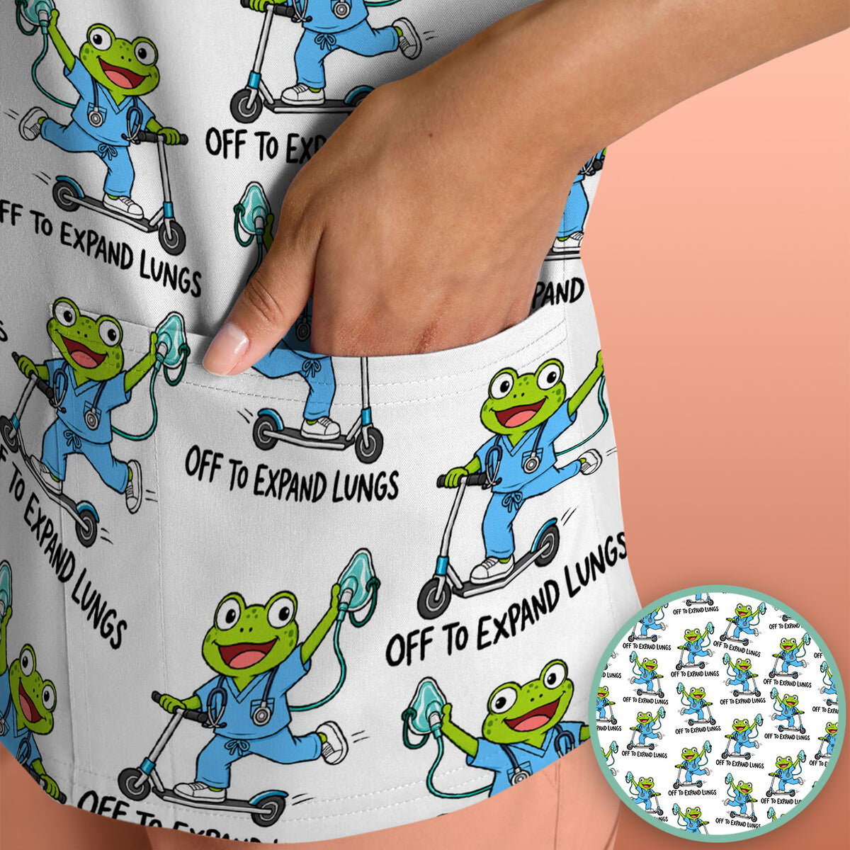 Off To Expand Lungs Frog Pattern Scrub Top, Comfortable Scrubs for Nurses