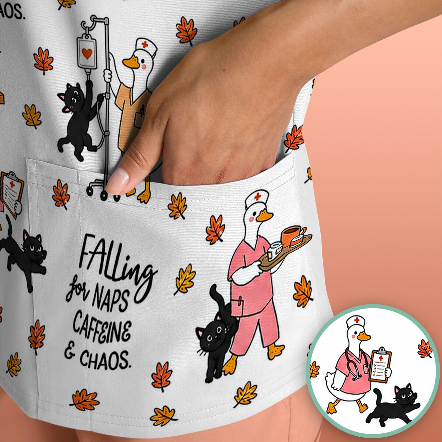 Funny Fall Nurse Goose And Black Cat Scrub Top, Comfortable Scrubs for Nurses