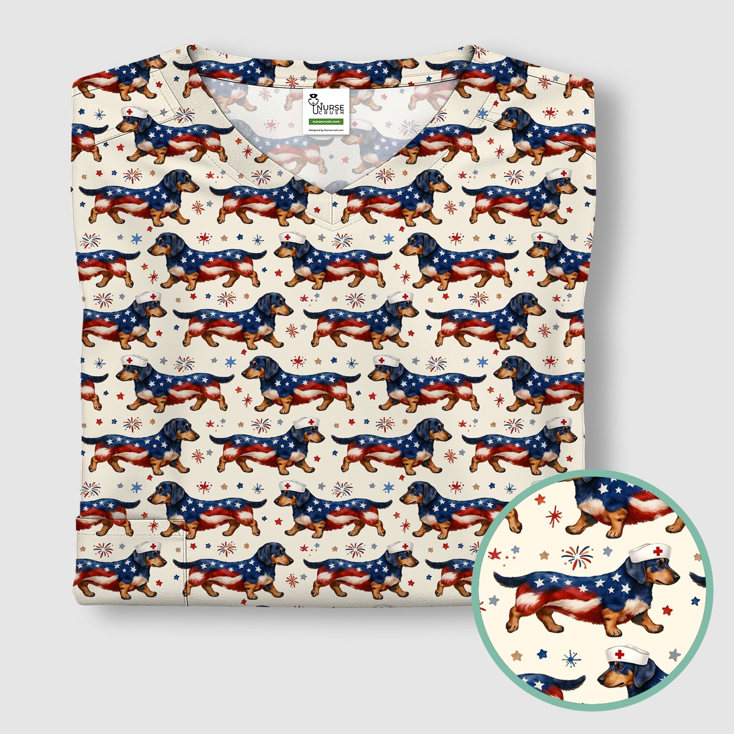 Patriotic Dachshund Dog American Flag Pattern Nurse Scrub Top, Breathable Fabrics Nursing Uniform