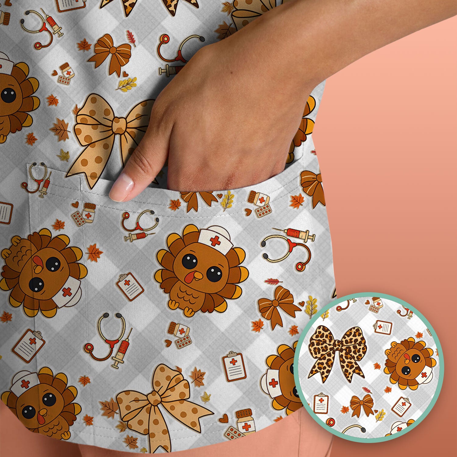 Thanksgiving Turkey Scrub Top for Nurses - Cute Fall Leaves and Bow Shirt - Funny Autumn Nursing Gift for Women RN LPN CNA