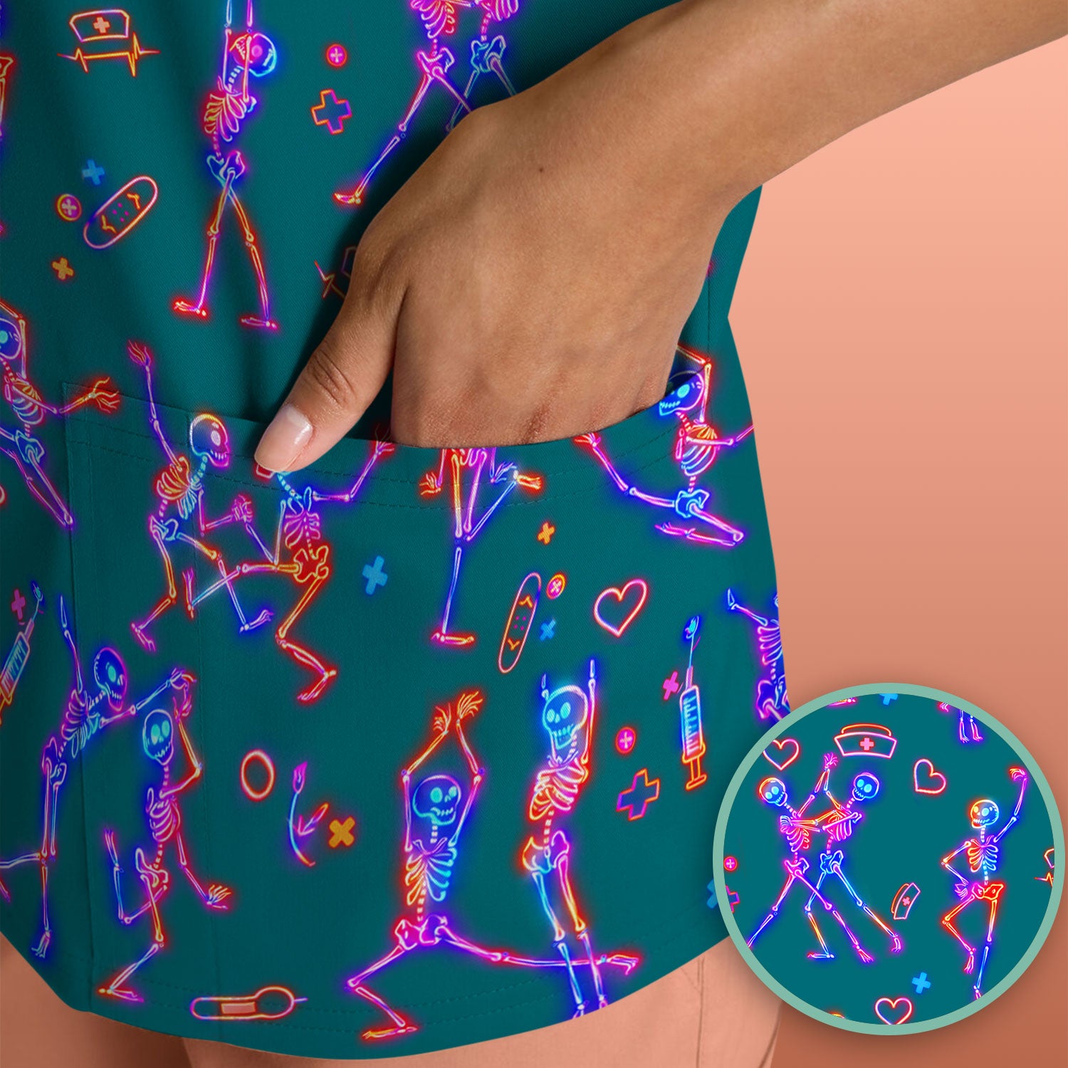Neon Dancing Skeleton Medical Pattern Scrub Top, Comfortable Scrubs for Nurses