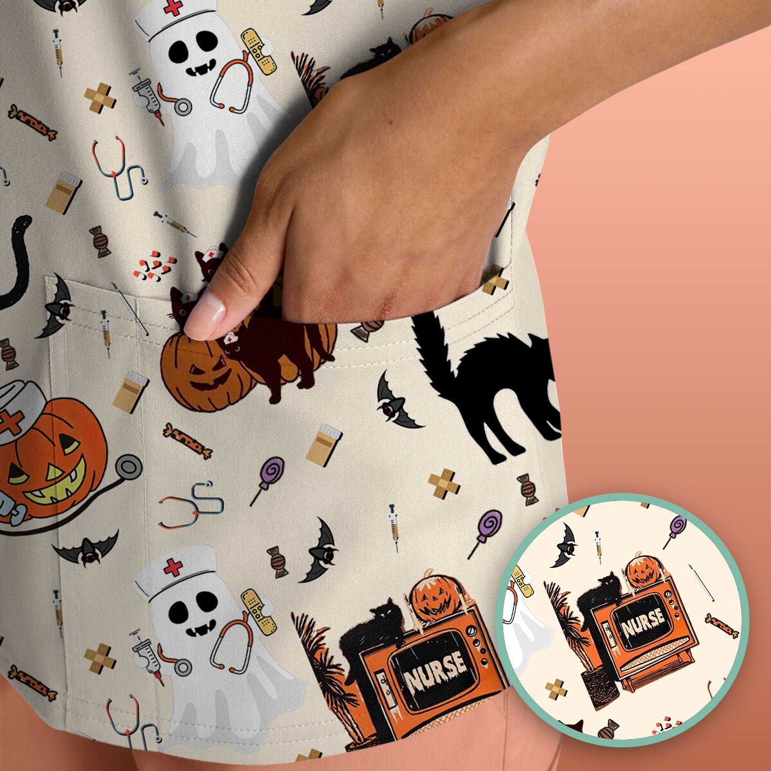 Halloween Scrub Top for Nurse - Cute Pumpkin Ghost Cat Medical Shirt - Spooky Scrubs for Women RN CNA LPN