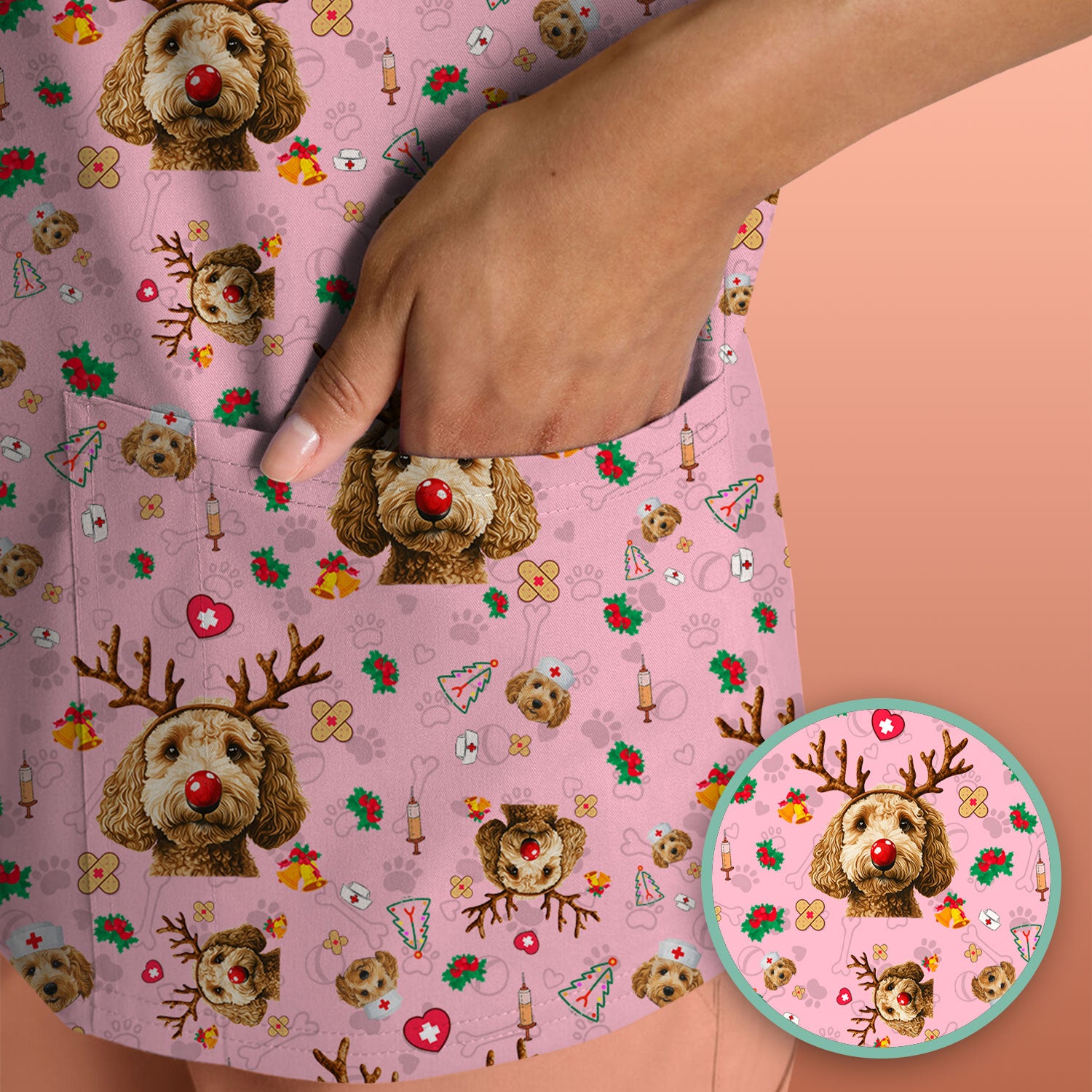 Labradoodle Reindeer Christmas Scrub Top - Funny Dog Nurse Shirt - Cute Holiday Medical Uniform for Women RN LPN CNA Gift