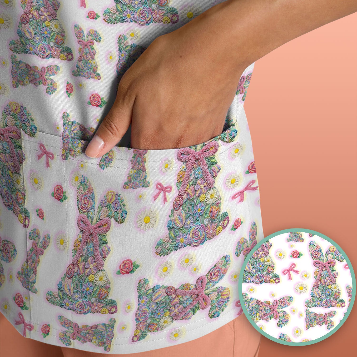 Colorful Floral Bunny with Pink Bow Pattern Scrub Top, Breathable Fabrics Nursing Uniform, Easter