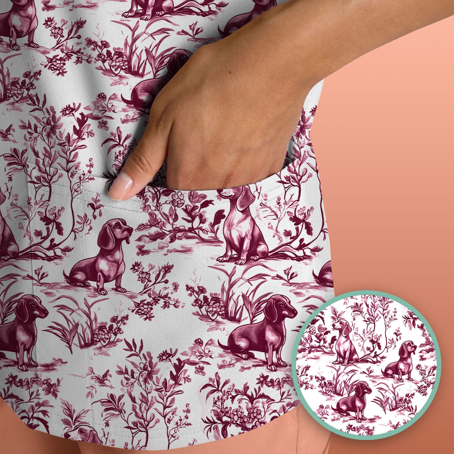 Toile de Jouy Dog Scrub Top – Elegant Blue Dachshund Pattern – Cute Medical Uniform for Nurses, Vets, and Animal Care Workers